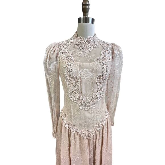 VTG CACHET by BARI PROTAS Blush Pink  Lace Victorian Revival Dress 80s  Sz M - Picture 2 of 7